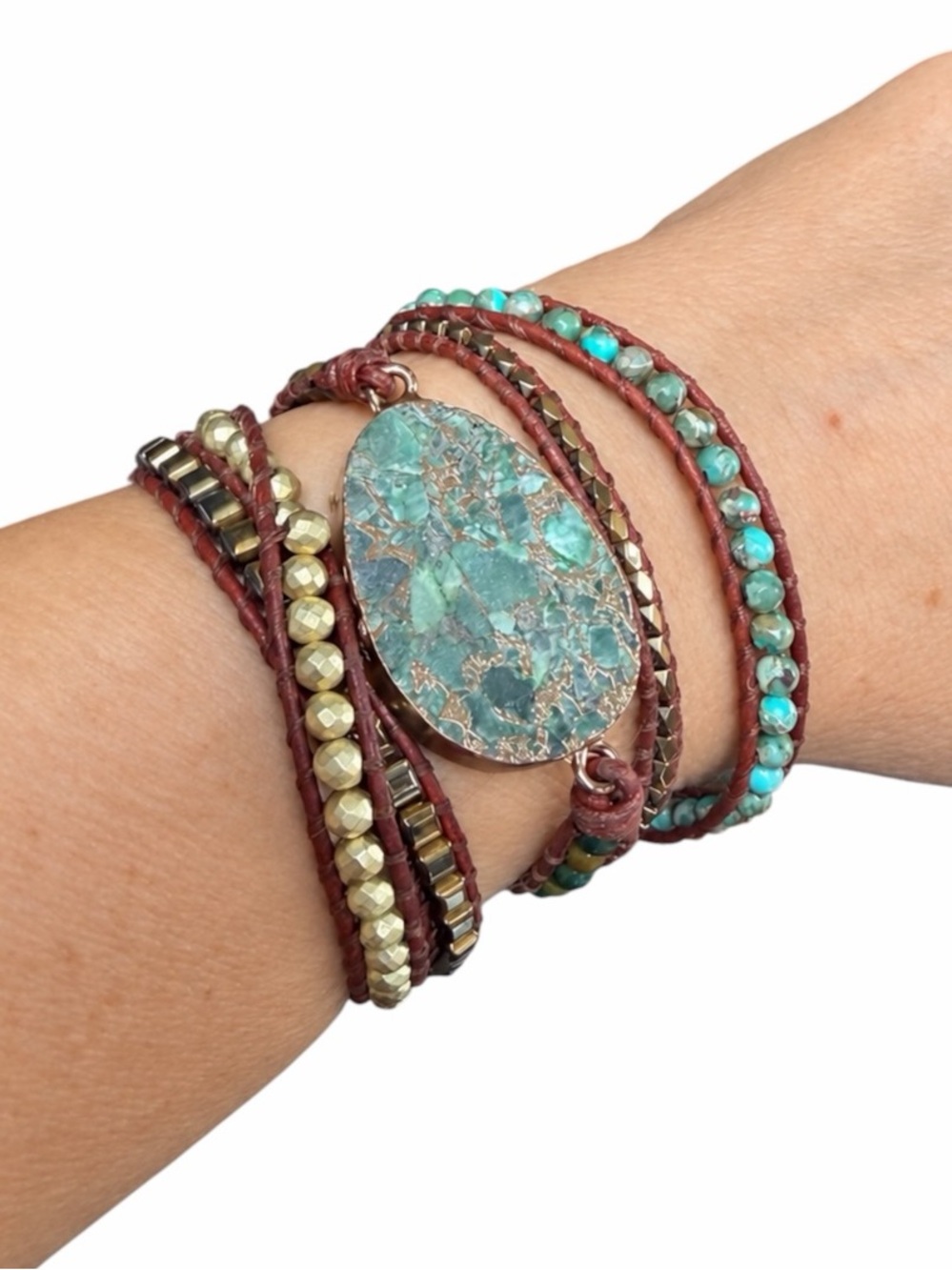 Unbranded Boho Leather Cord Beaded Wrap Bracelet Faux Turquoise Stone